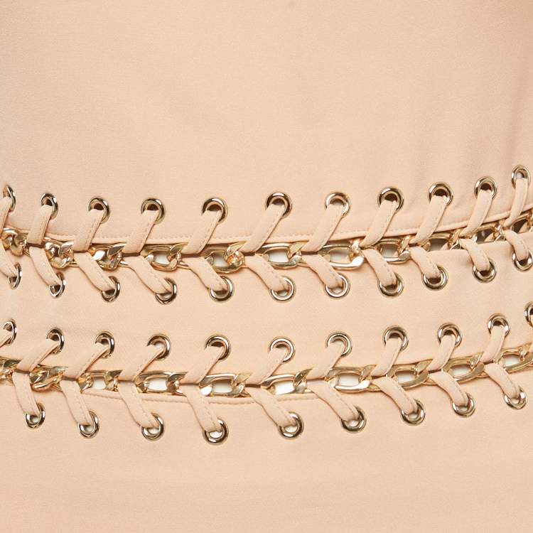 Pre Owned House of Cb Beige Crepe Lace-Up Sheath Dress S