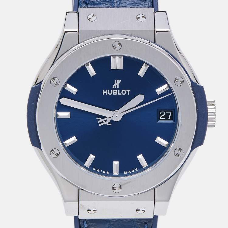 Pre Owned Hublot Blue Titanium Rubber Classic Fusion 581.NX.7170.LR Women's Wristwatch 33 mm