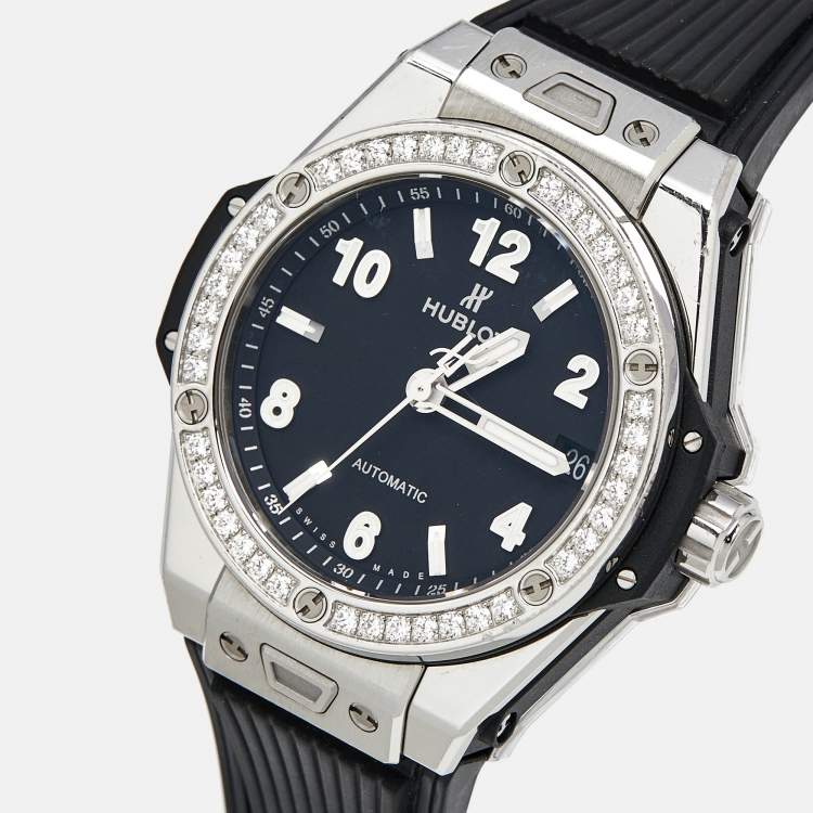 Pre Owned Hublot Black Stainless Steel Diamond Rubber Big Bang One Click 465.SX.1170.RX.1204 Women's Wristwatch 39 mm