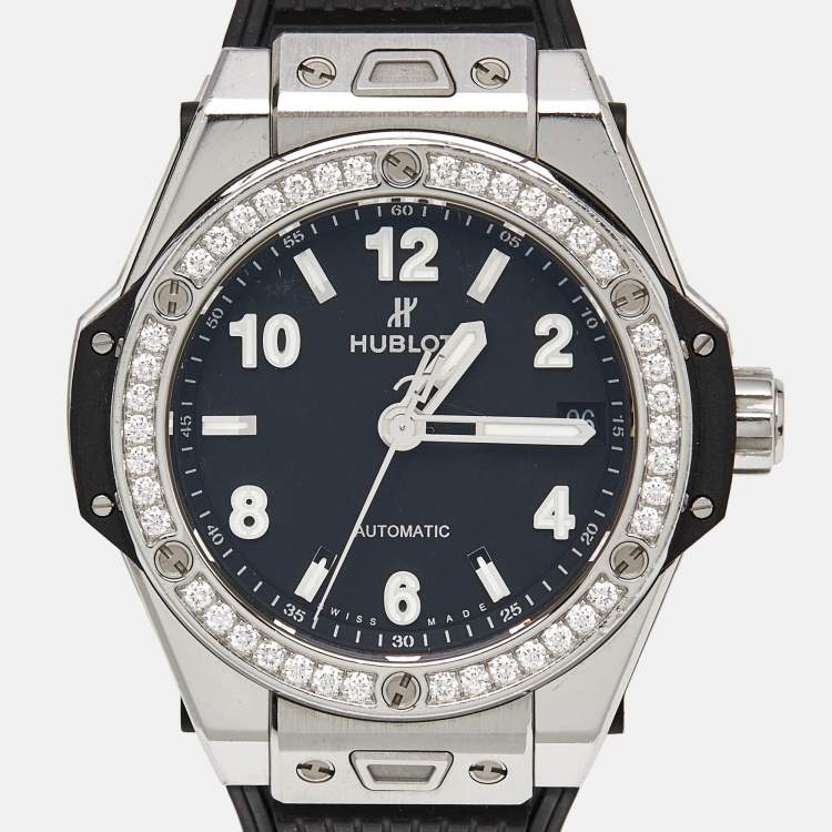 Pre Owned Hublot Black Stainless Steel Diamond Rubber Big Bang One Click 465.SX.1170.RX.1204 Women's Wristwatch 39 mm