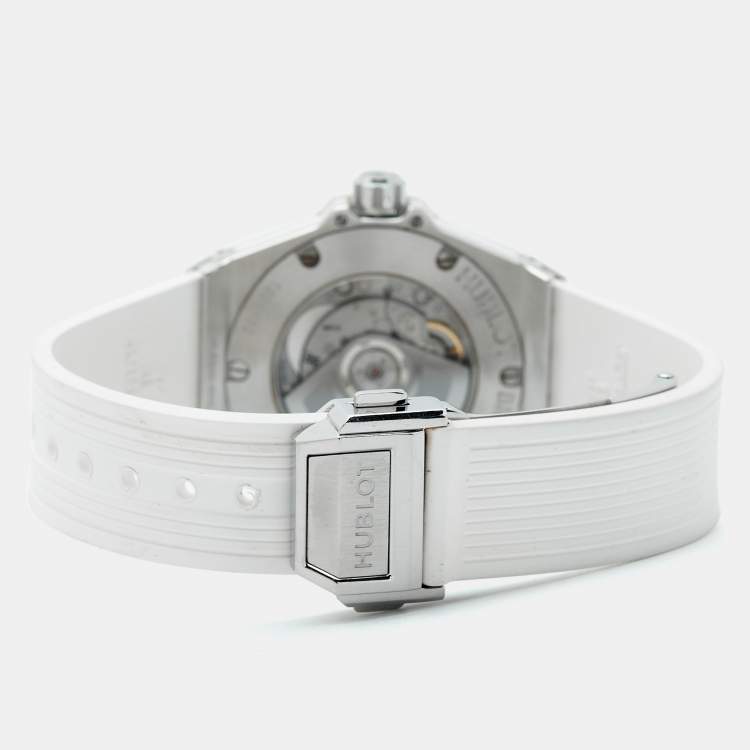 Pre Owned Hublot Big Bang One Click 485.SE.2010.RW.1604 White Dial Stainless Steel Resin Diamond Rubber Women's Wristwatch 33 mm