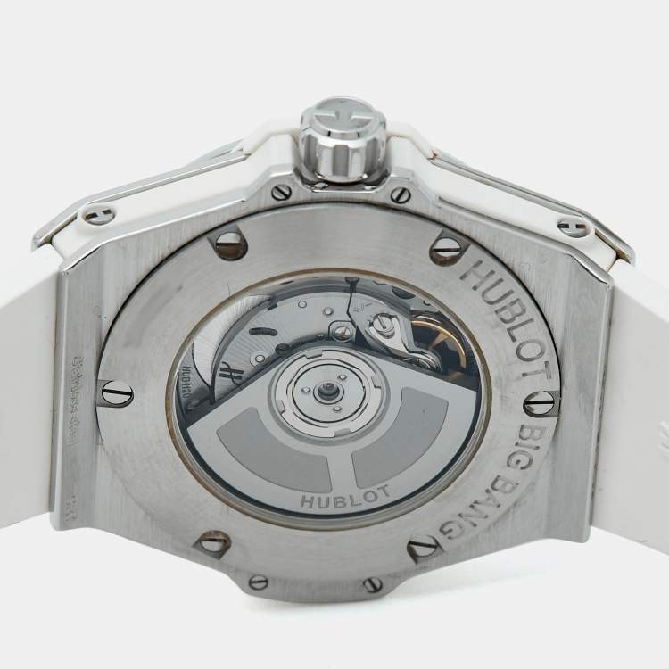 Pre Owned Hublot Big Bang One Click 485.SE.2010.RW.1604 White Dial Stainless Steel Resin Diamond Rubber Women's Wristwatch 33 mm