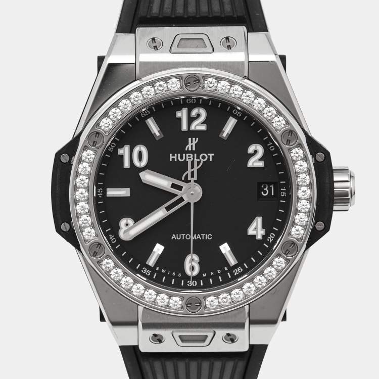 مملوكة مسبقًا Hublot Big Bang One Click 465.SX.1170.RX.1204 Black Dial Resin Stainless Steel Rubber Diamond Women's Wristwatch 39 mm