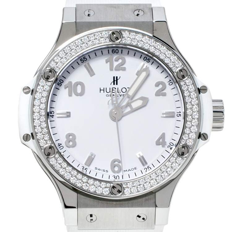 Pre Owned Hublot White Stainless Steel Rubber Diamond Big Bang 361.SE.2010.RW.1104.PLP Women's Wristwatch 38 mm