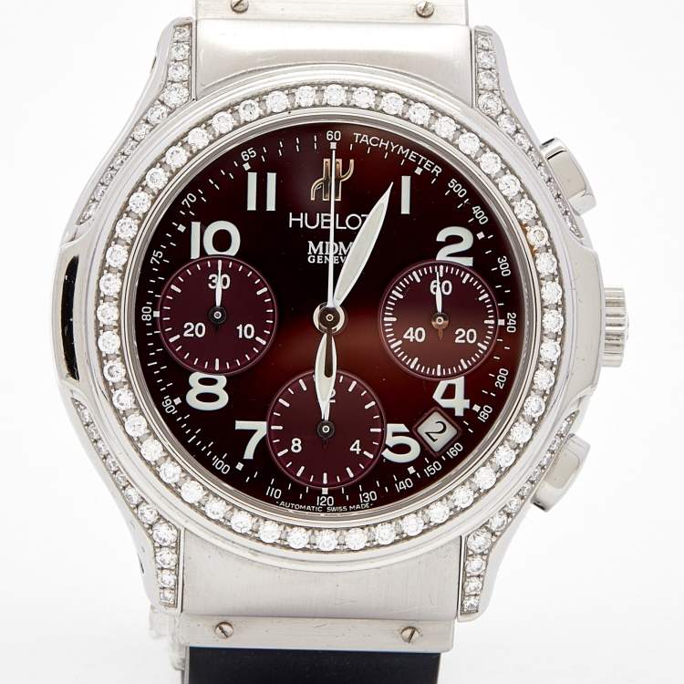 Pre Owned Hublot Burgundy Diamonds Stainless Steel Rubber MDM Chronograph 1810.1.024 Women's Wristwatch 40MM