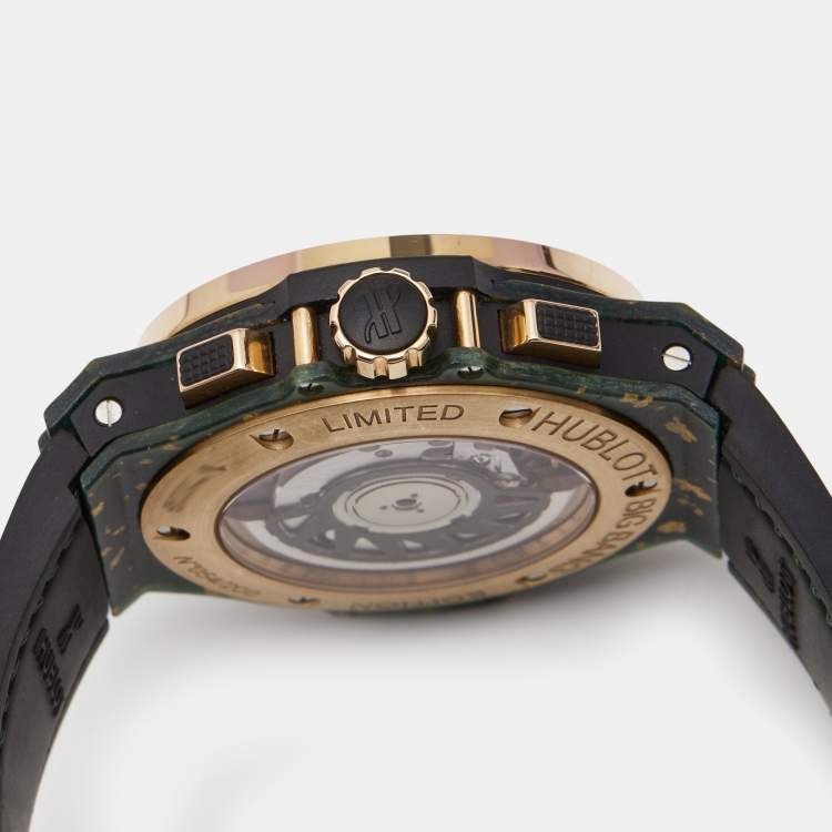 Pre Owned Hublot Black 18K Rose Gold Green Linen Rubber Alligator Leather Big Bang Limited Edition 341.XG.1280.LR.1229 Women's Wristwatch 41 mm