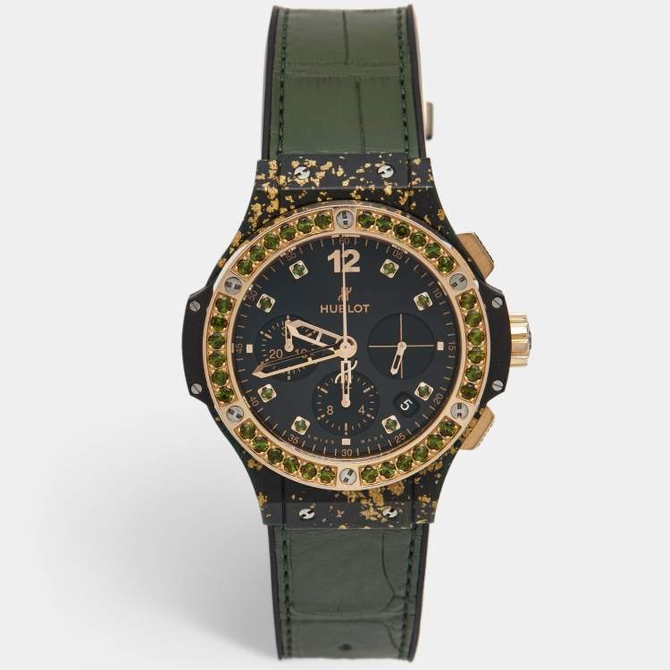 Pre Owned Hublot Black 18K Rose Gold Green Linen Rubber Alligator Leather Big Bang Limited Edition 341.XG.1280.LR.1229 Women's Wristwatch 41 mm