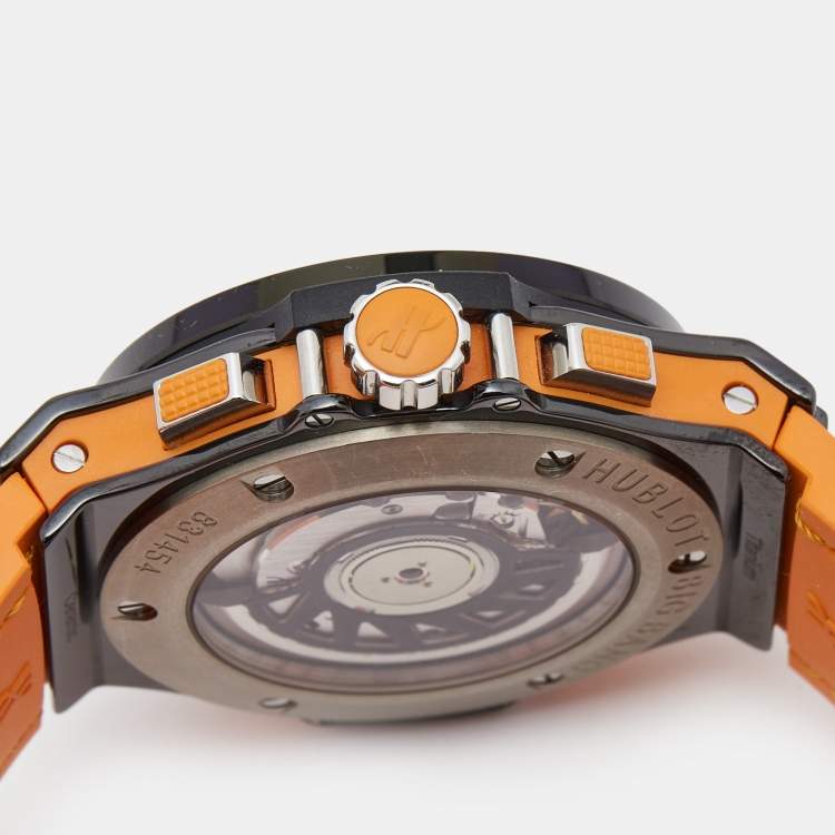 Pre Owned Hublot Black Ceramic Orange Sapphire Alligator Leather Rubber Big Bang 41.CO.1110.LR.1906 Women's Wristwatch 41 mm