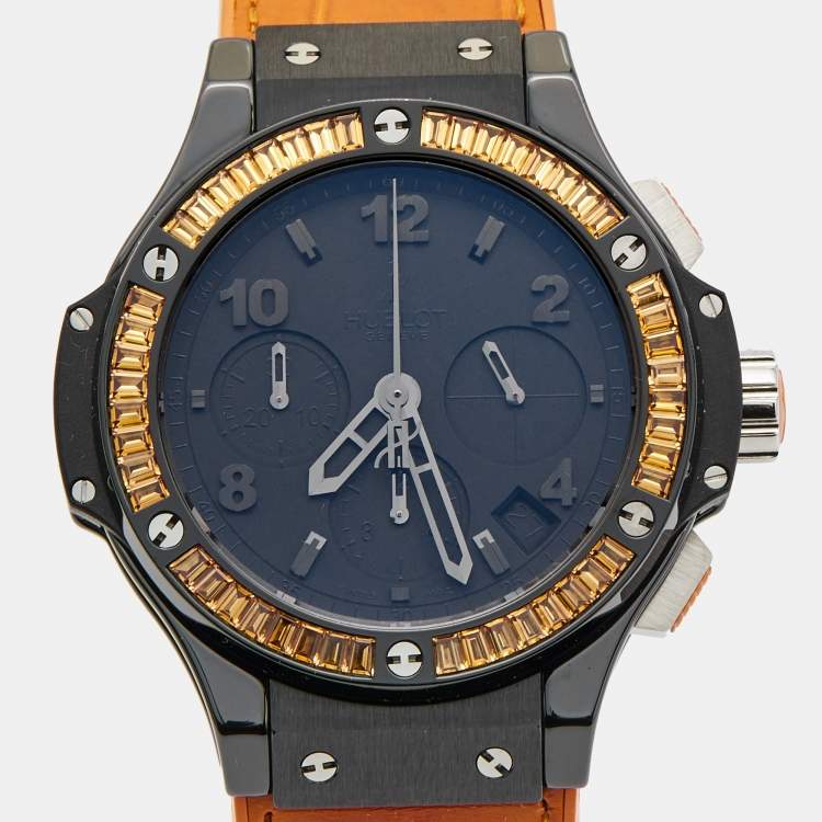 Pre Owned Hublot Black Ceramic Orange Sapphire Alligator Leather Rubber Big Bang 41.CO.1110.LR.1906 Women's Wristwatch 41 mm