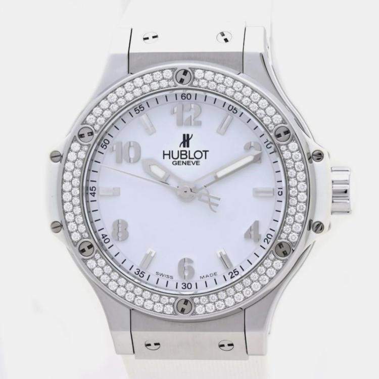 Pre Owned Hublot White Stainless Steel Diamond Big Bang 361.SE.2010.RW.1104 Quartz Women's Wristwatch 38 mm