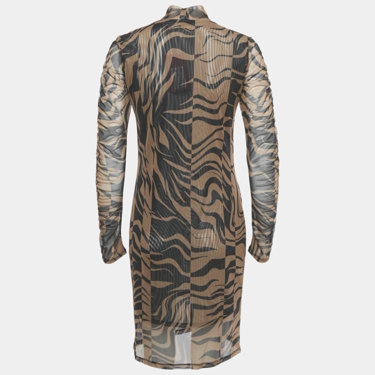 Pre Owned Hugo Boss Brown Printed Stretch Mesh Ruche Short Dress L
