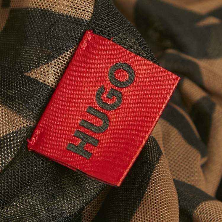 Pre Owned Hugo Boss Brown Printed Stretch Mesh Ruche Short Dress L