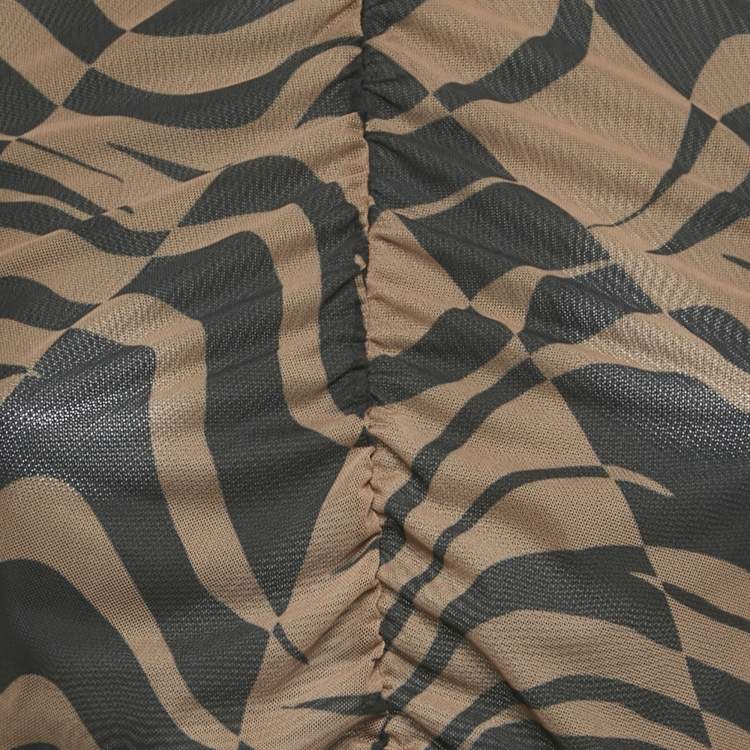 Pre Owned Hugo Boss Brown Printed Stretch Mesh Ruche Short Dress L