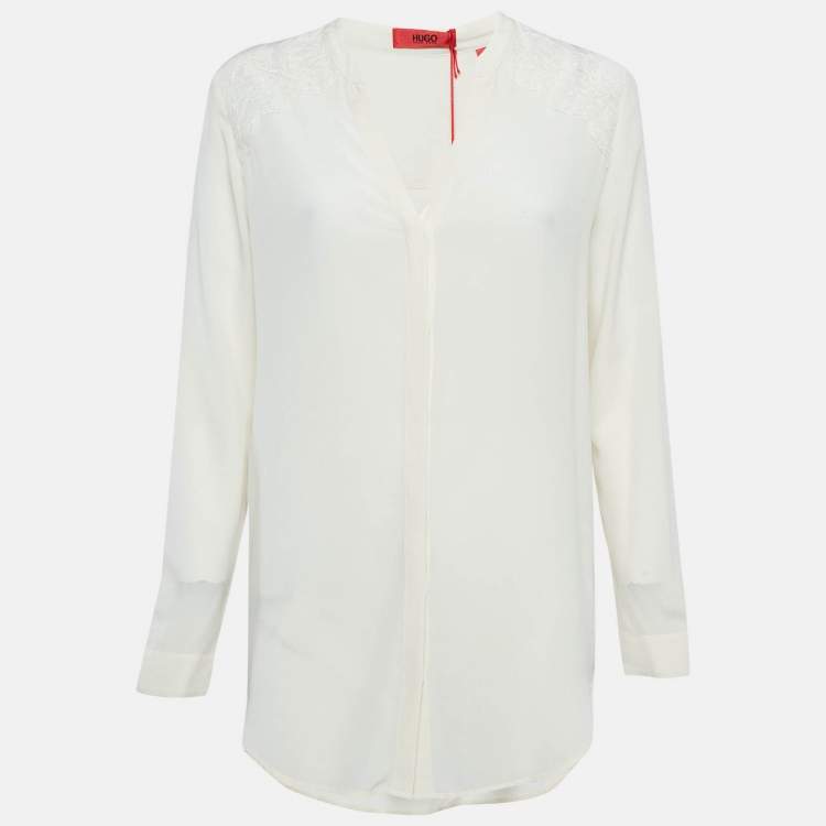 Pre Owned Hugo Boss Off White Silk Lace Trim Long Sleeve Button Front Blouse S