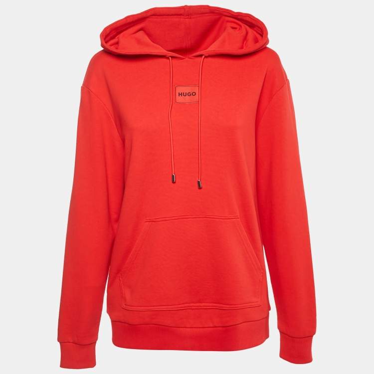 Pre Owned Hugo Boss Red Logo Applique Cotton Knit Hooded Sweatshirt S