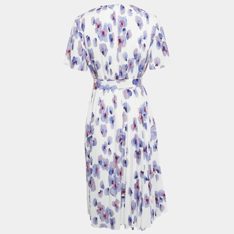 Pre Owned Boss By Hugo Boss White Floral Print Plisse Belted Midi Dress M