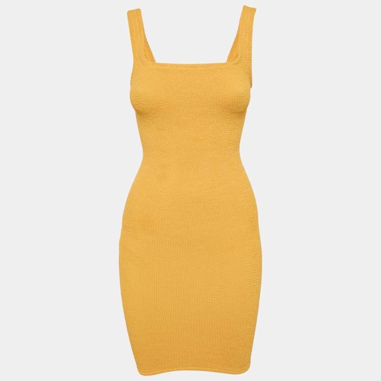 Pre Owned Hunza G Yellow Textured Knit Bodycon Dress S