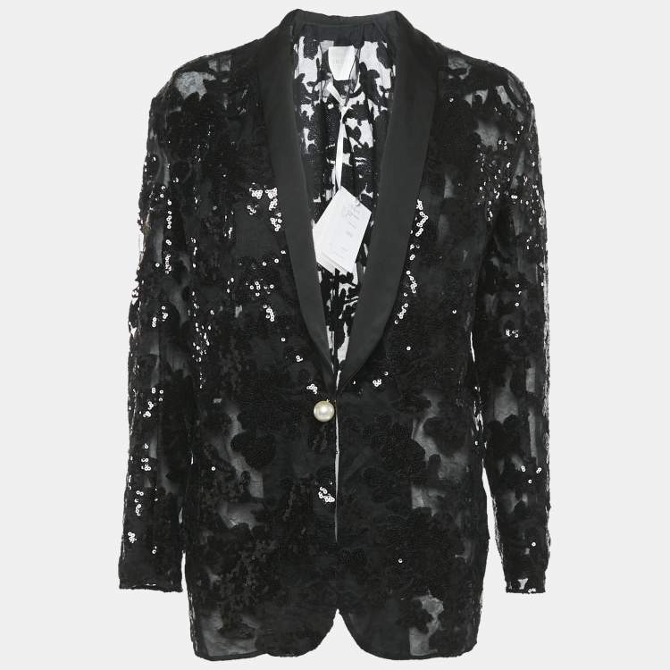 Pre Owned INGIE Paris Black Sequin Embellished Tulle Single Breasted Blazer M