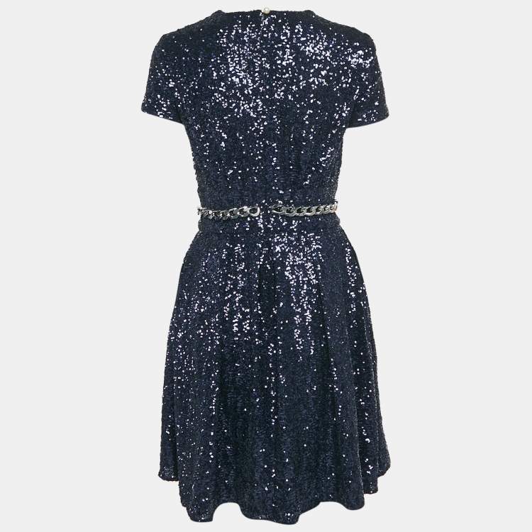 Pre Owned INGIE Paris Navy Blue Sequin V-Neck Mini Dress S