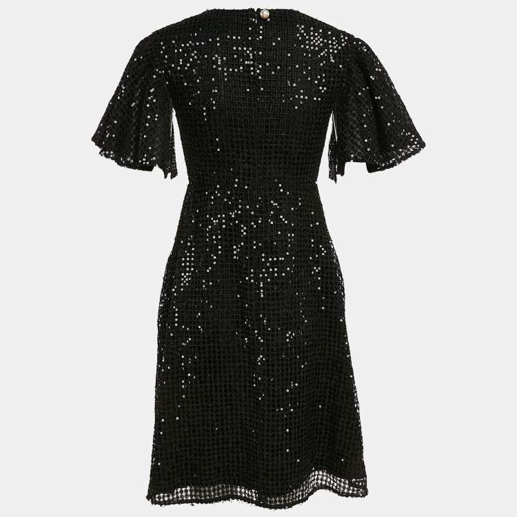 Pre Owned INGIE Paris Black Lace Sequin V-Neck Flared Short Dress M