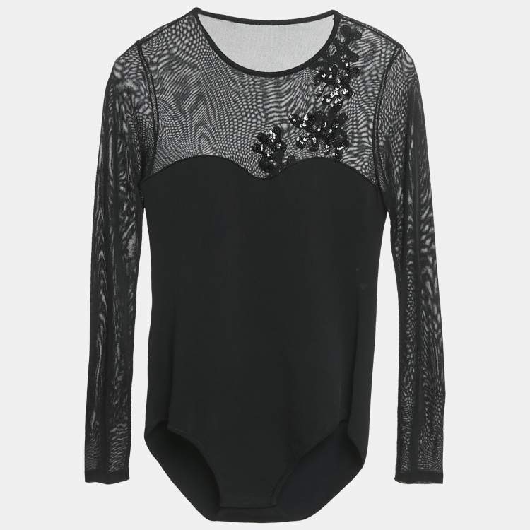 Pre Owned INGIE Paris Black Sequin Embroidered Jersey Bodysuit XL