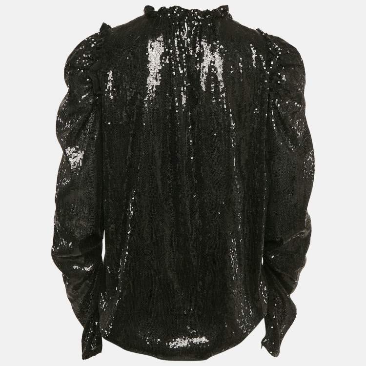 Pre Owned INGIE PARIS Black Sequin Crepe Ruffled Top S