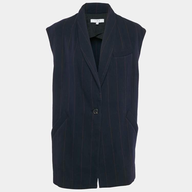 Pre Owned IRO Navy Blue Pinstripe Wool Blend Sleeveless Oversized Coat M