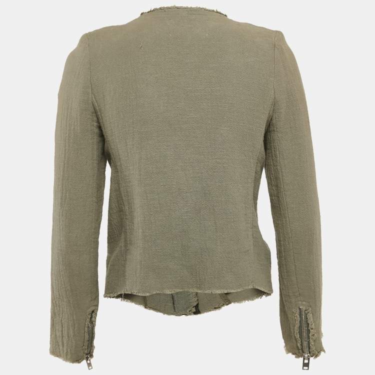 Pre Owned IRO Green Textured Cotton Zip-Up Raw Edged Jacket S