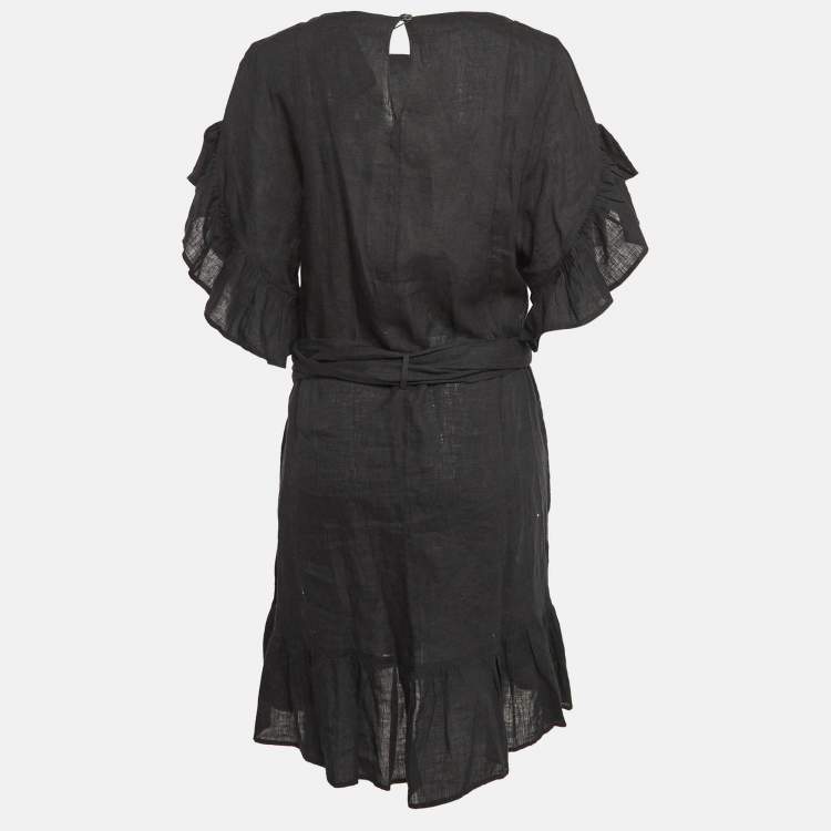 Pre Owned Isabel Marant Etoile Black Linen Ruffled Faux Wrap Dress M