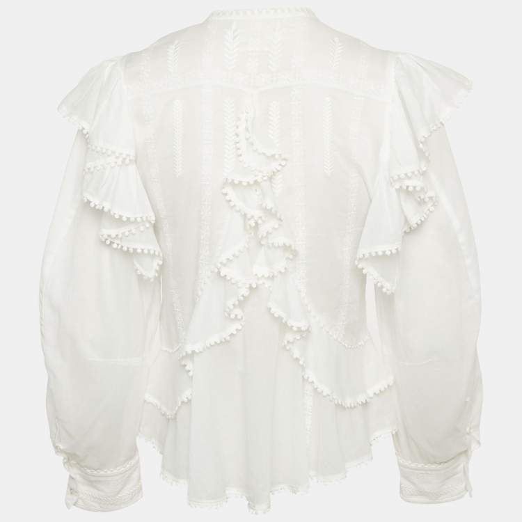 Pre Owned Isabel Marant Etoile White Embroidered Cotton Lace Trim Ruffle Detail Blouse XS