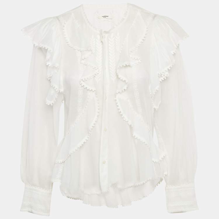 Pre Owned Isabel Marant Etoile White Embroidered Cotton Lace Trim Ruffle Detail Blouse XS