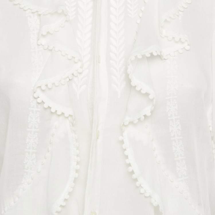 Pre Owned Isabel Marant Etoile White Embroidered Cotton Lace Trim Ruffle Detail Blouse XS
