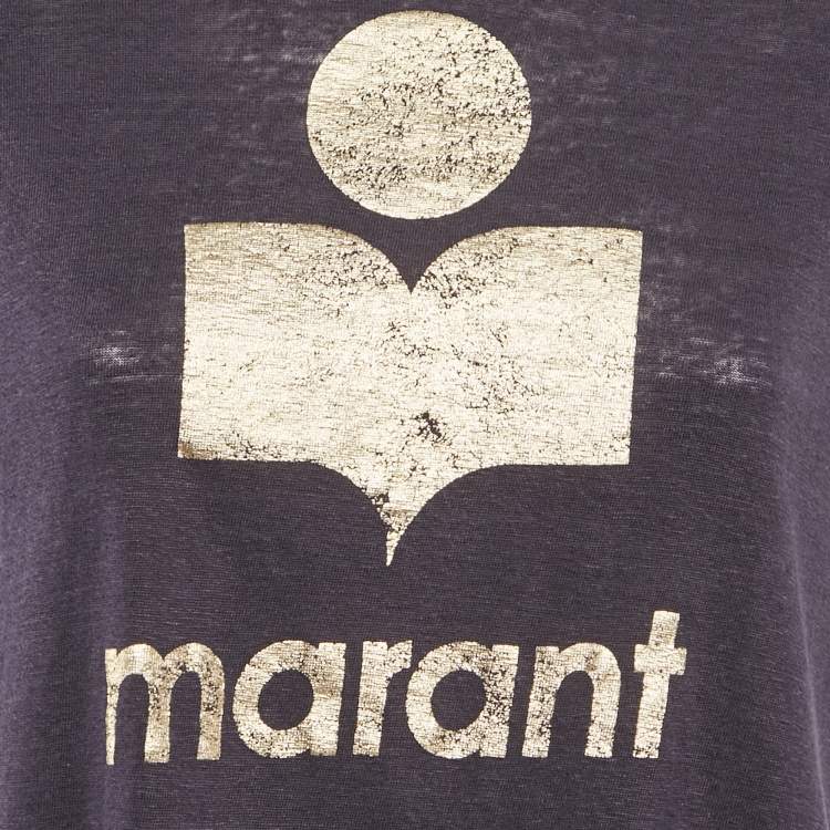 Pre Owned Isabel Marant Etoile Purple Logo Print Linen Knit Zewel T-Shirt M