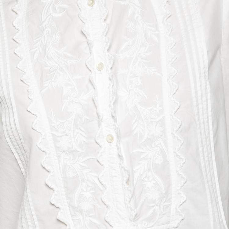 Pre Owned Isabel Marant Etoile White Cotton Pintuck and Ruffle Detailed Okina Blouse M