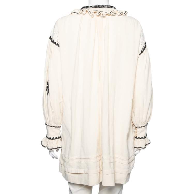 Pre Owned Isabel Marant Etoile Off White Embroidered Ruffled Oversized Top S