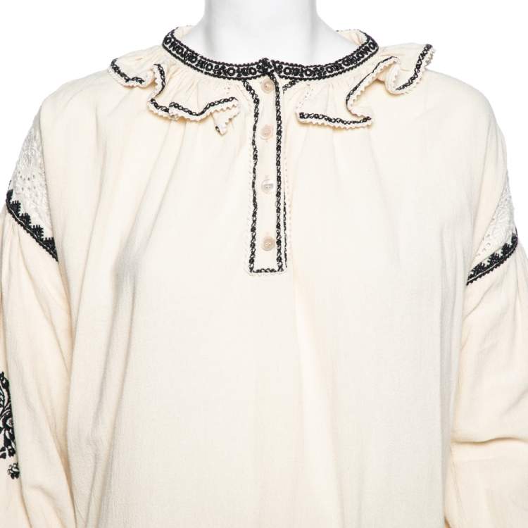 Pre Owned Isabel Marant Etoile Off White Embroidered Ruffled Oversized Top S