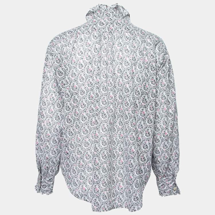 Pre Owned Isabel Marant Etoile White Floral Print Cotton Ruffle-Neck Top S