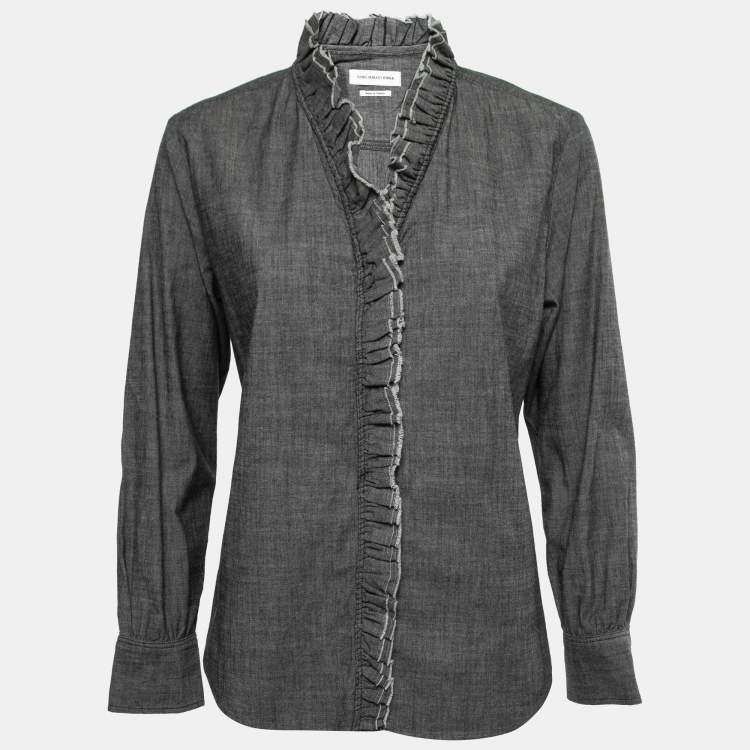 Pre Owned Isabel Marant Etoile Grey Stretch Cotton Ruffle Trimmed Shirt M