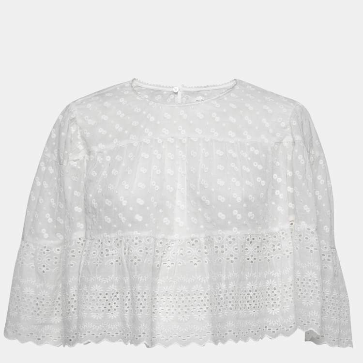 Pre Owned Isabel Marant Etoile White Floral Embroidered Cotton Tevika Crop Top L