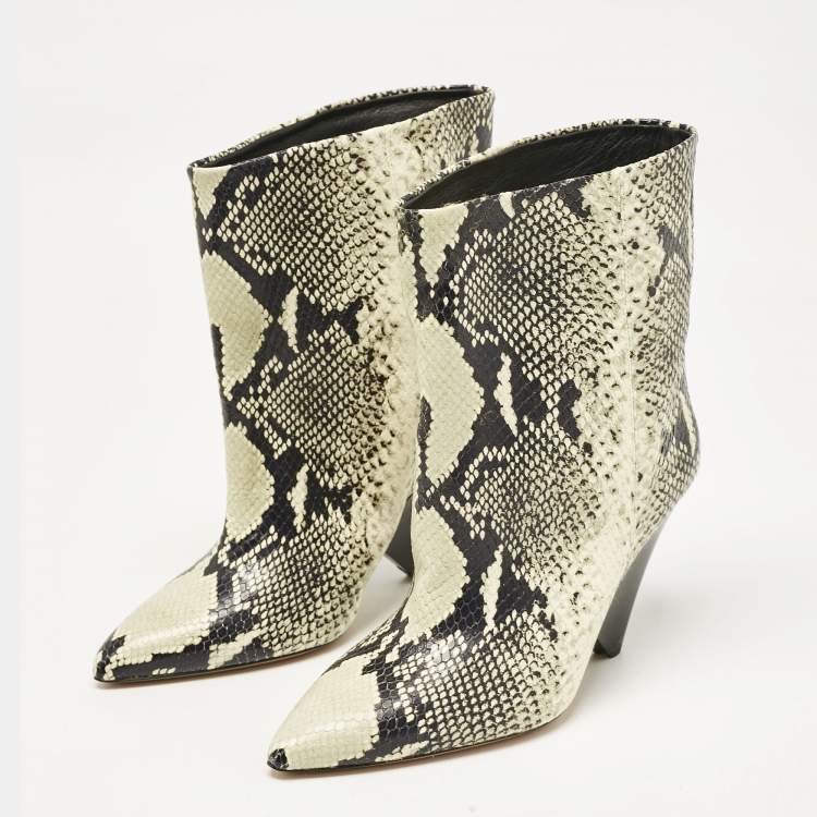 Pre Owned Isabel Marant Black/Beige Snakeskin Embossed Leather Miyako Ankle Boots Size 37