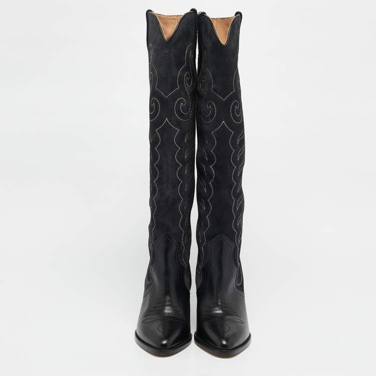 Pre Owned Isabel Marant Black Leather Cowboy Knee Length Boots Size 38