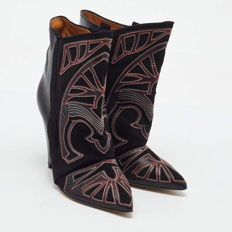 Pre Owned Isabel Marant Black Embroidered Suede and Leather Betty Ankle Boots Size 38