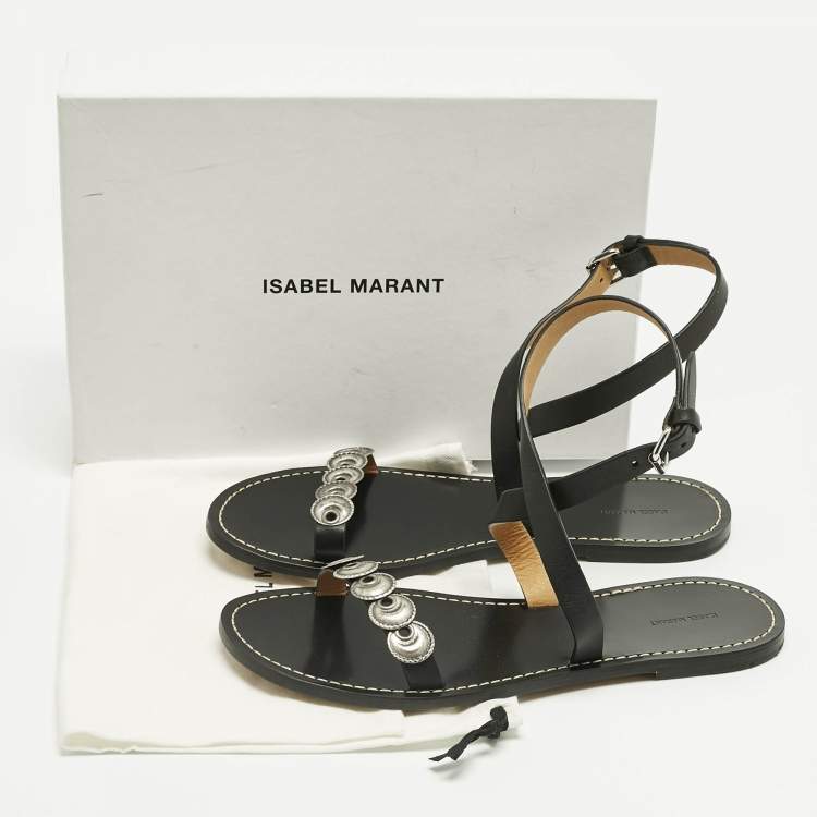 Pre Owned Isabel Marant Black Leather Eldory Ankle Strap Flat Sandals Size 41