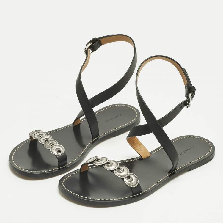 Pre Owned Isabel Marant Black Leather Eldory Ankle Strap Flat Sandals Size 41