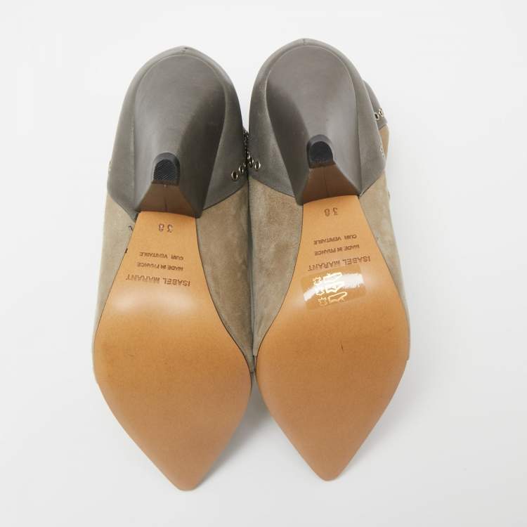Pre Owned Isabel Marant Grey/Beige Suede and Leather Lance Ankle Boots Size 38