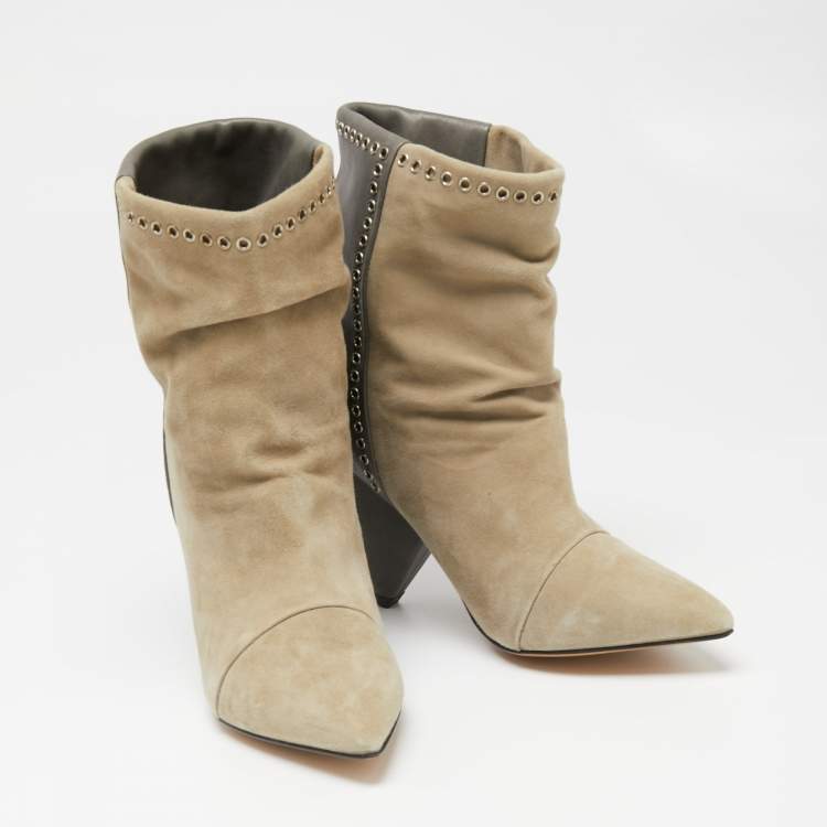Pre Owned Isabel Marant Grey/Beige Suede and Leather Lance Ankle Boots Size 38