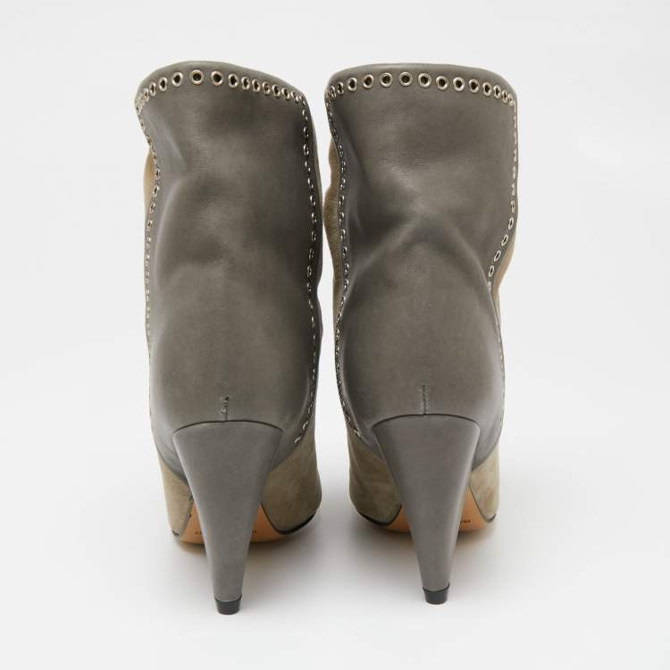 Pre Owned Isabel Marant Grey/Beige Suede and Leather Lance Ankle Boots Size 38