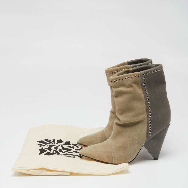 Pre Owned Isabel Marant Grey/Beige Suede and Leather Lance Ankle Boots Size 38