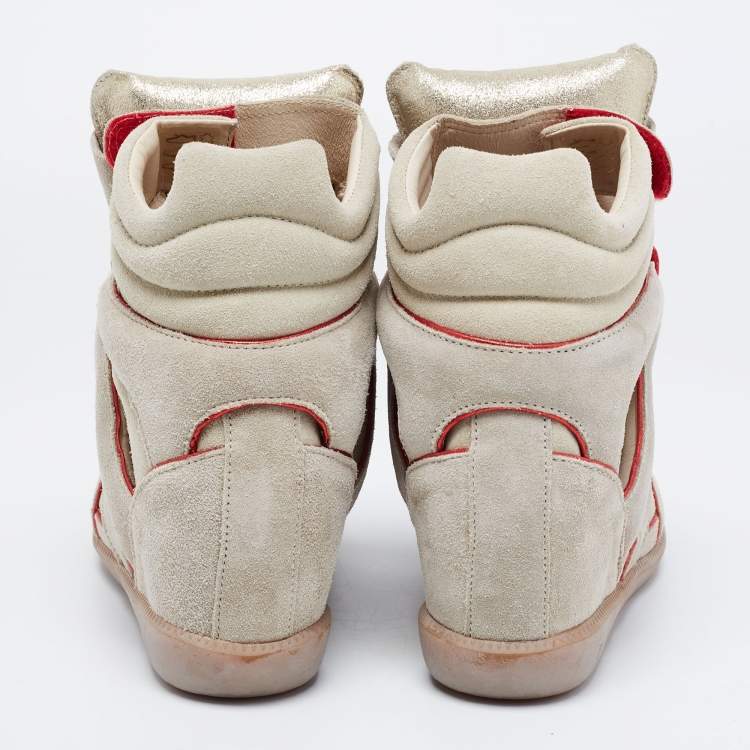 Pre Owned Isabel Marant Grey/Metallic Red Suede and Leather Bekett Wedge Sneakers Size 36