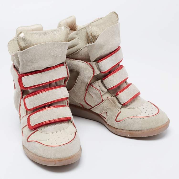Pre Owned Isabel Marant Grey/Metallic Red Suede and Leather Bekett Wedge Sneakers Size 36
